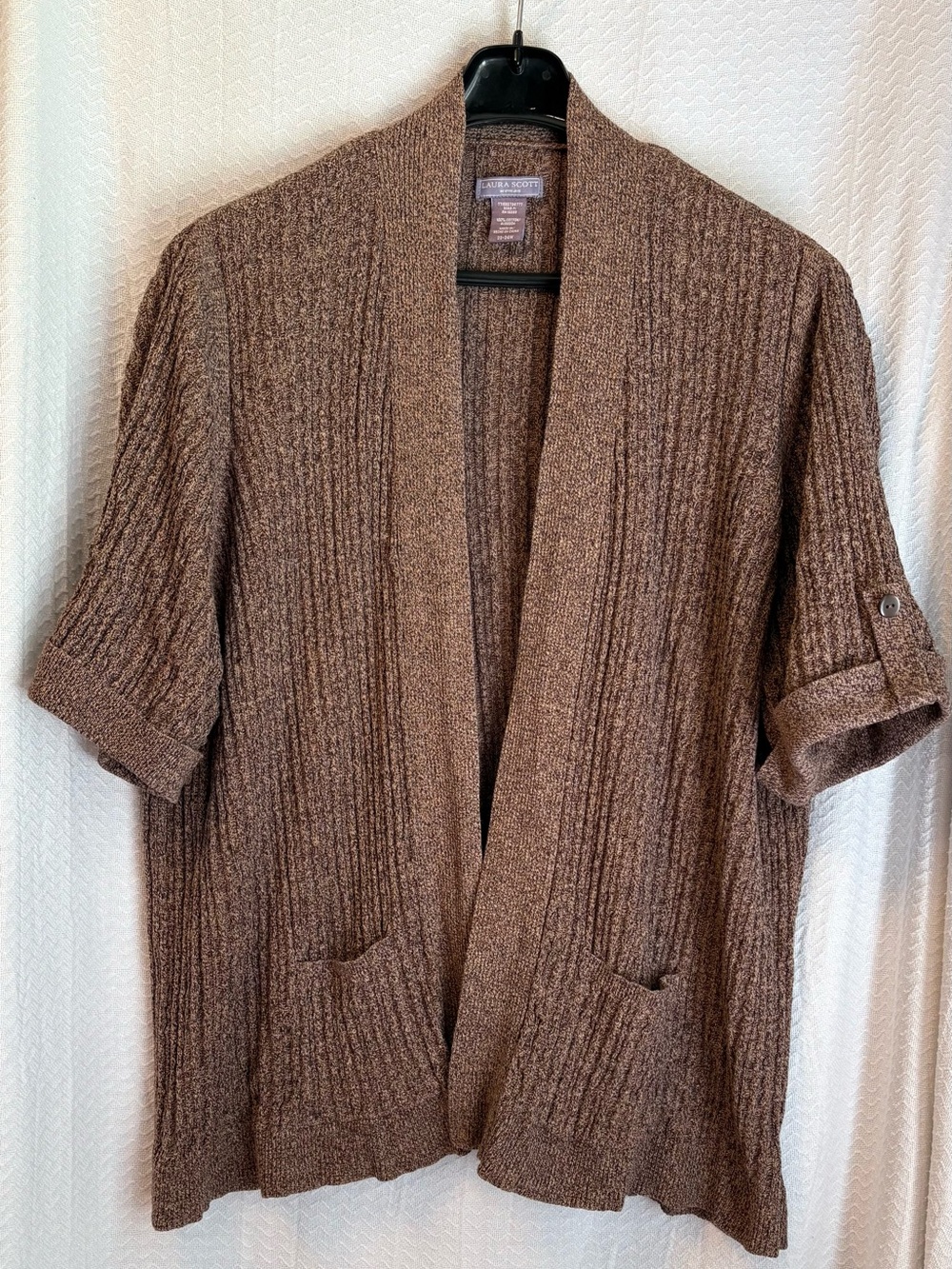 Laura Scott Open Front Short Cuffed Sleeved Marled Brown Cardigan.   Size 2X/3X